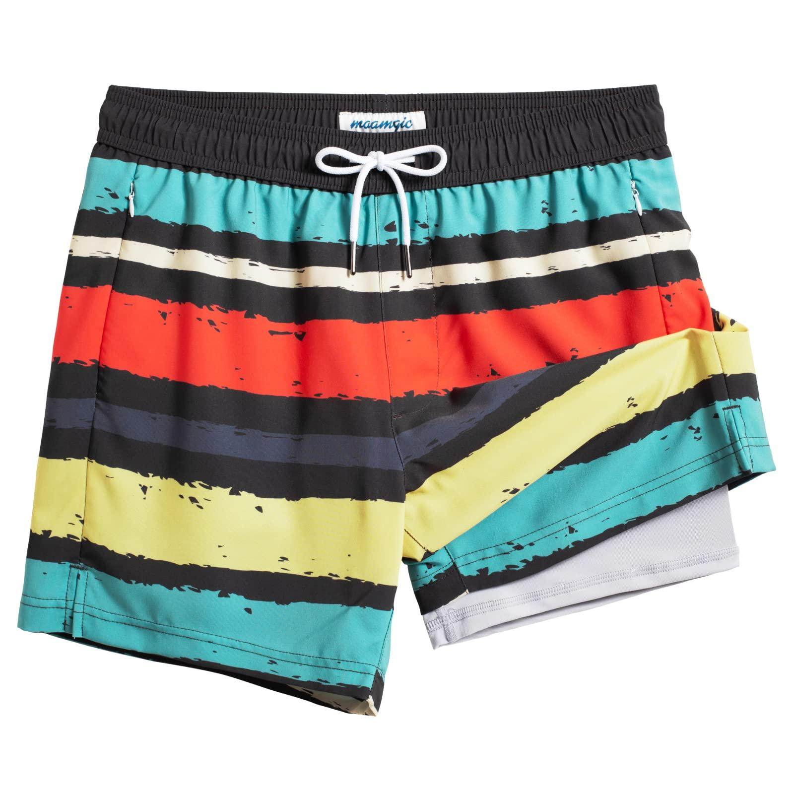 Mens Swim Trunks Compression Liner Quick Dry Zipper Pockets - VacationGrabs