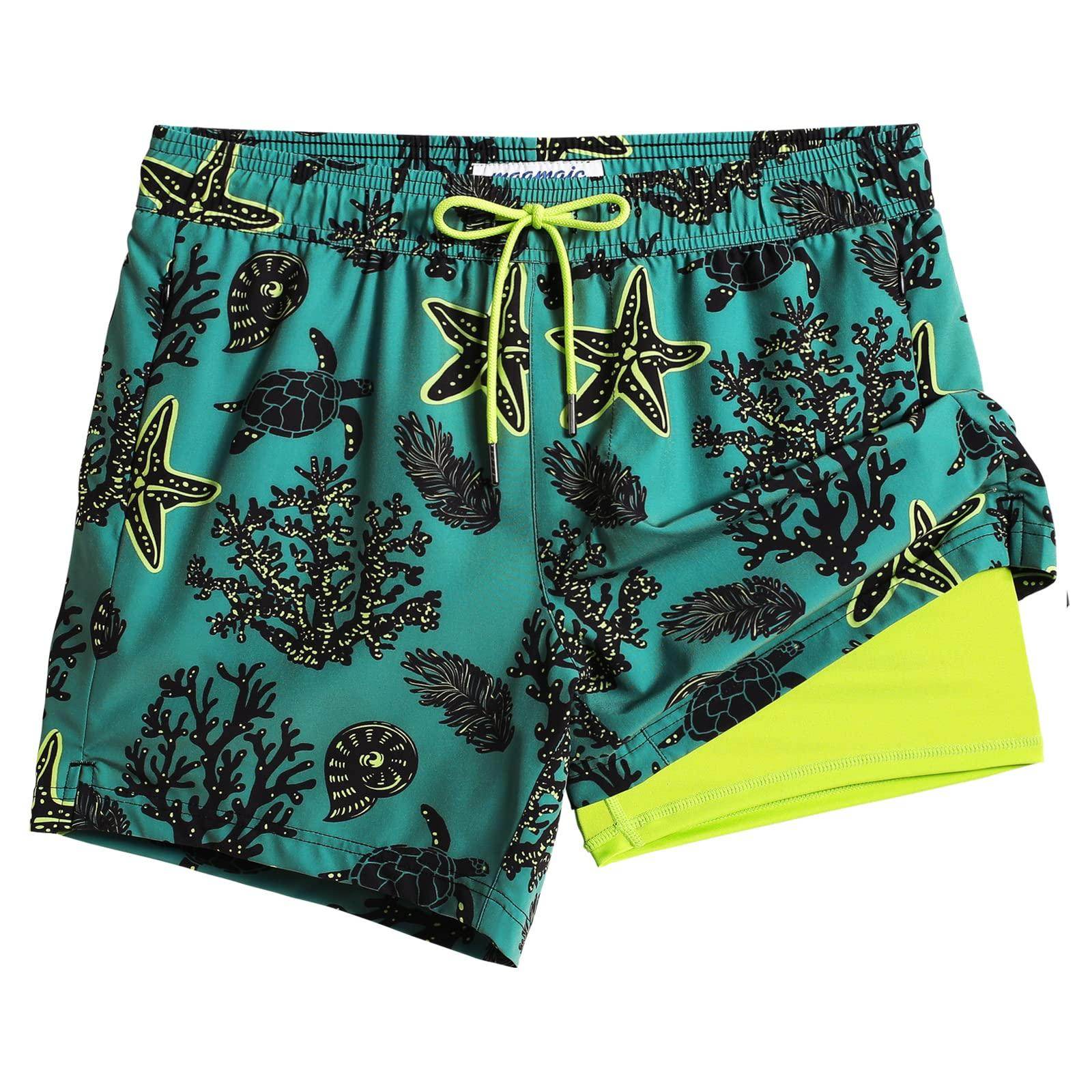 Mens Swim Trunks Compression Liner Quick Dry Zipper Pockets - VacationGrabs