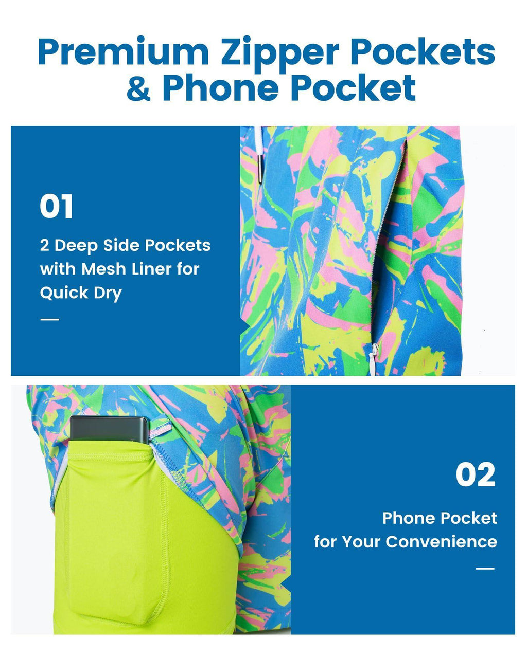 Mens Swim Trunks Compression Liner Quick Dry Zipper Pockets - VacationGrabs