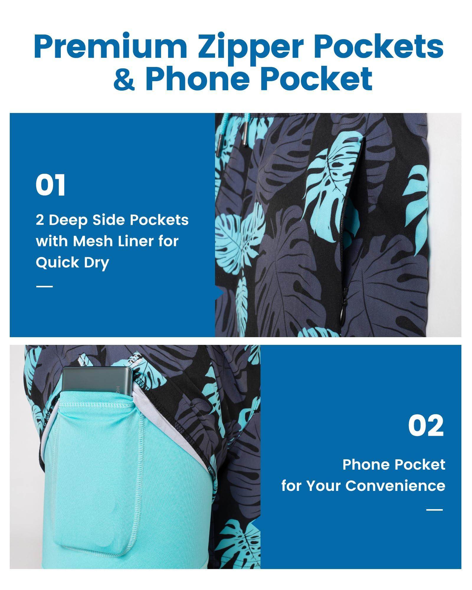 Mens Swim Trunks Compression Liner Quick Dry Zipper Pockets - VacationGrabs