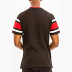 WEIV men's t shirt graphics, black with red and white striped sleeves
