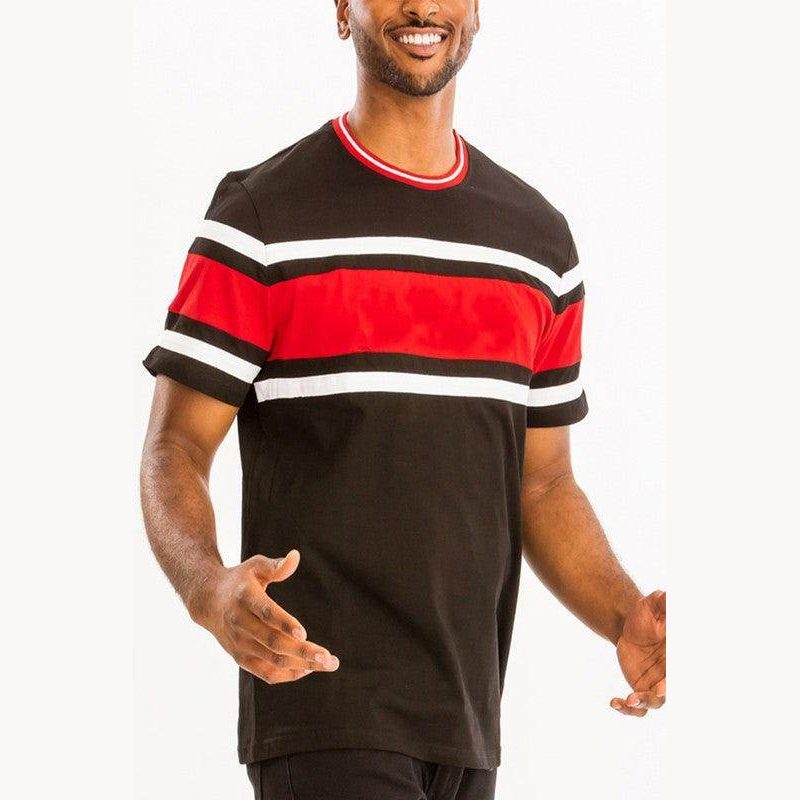 Men's black t shirt graphics with red and white striped design