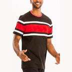 Men's black t shirt graphics with red and white striped design