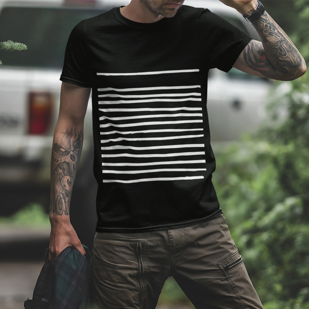 Black men's t shirt graphics with horizontal white stripes for casual wear