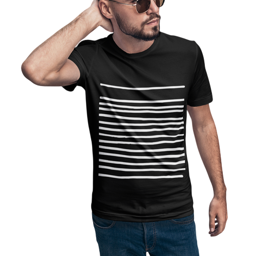 Men's black graphic tee shirt with striped design for casual wear