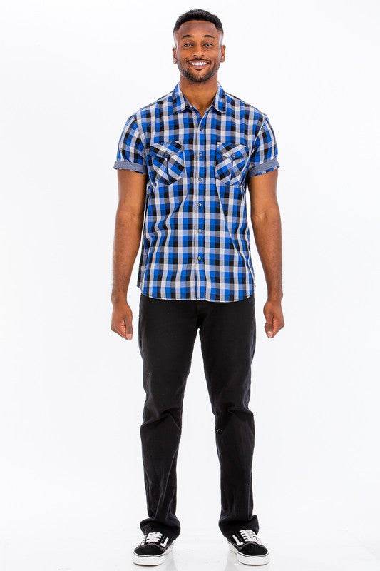 Men's blue plaid shirt by WEIV, casual cotton style for everyday wear