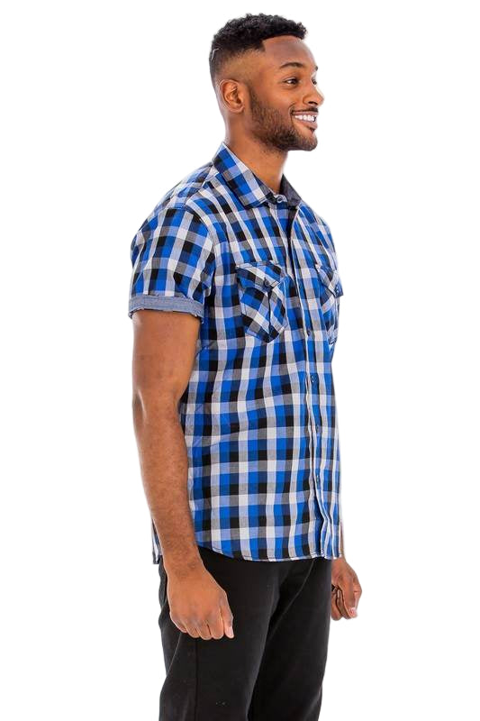 WEIV men's blue plaid short sleeve shirt, perfect for casual outings