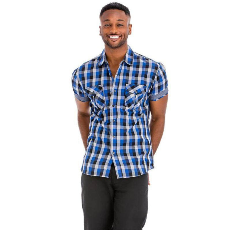 Men's short sleeve plaid shirt in blue, ideal for casual wear