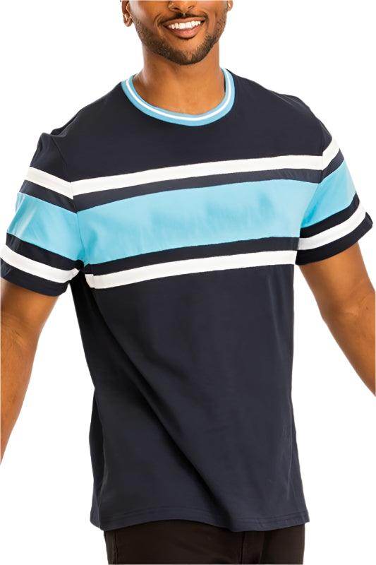Men's navy blue t-shirt with graphic stripes, casual wear