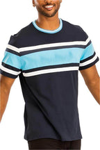 Men's navy blue t-shirt with graphic stripes, casual wear