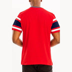 Men's red graphic tee shirt with blue and white stripes, casual wear