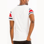 WEIV men's t shirt graphics in white with red and navy striped sleeves