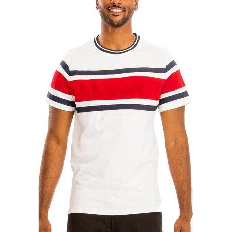 Men's graphic t-shirt by WEIV, red and navy striped design, casual wear
