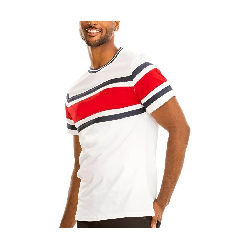 Men's graphic tee shirt, white with red and navy stripes, casual wear