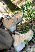 Men's Tan and Gray Outdoor Hiking Boots with Rugged Sole – front view