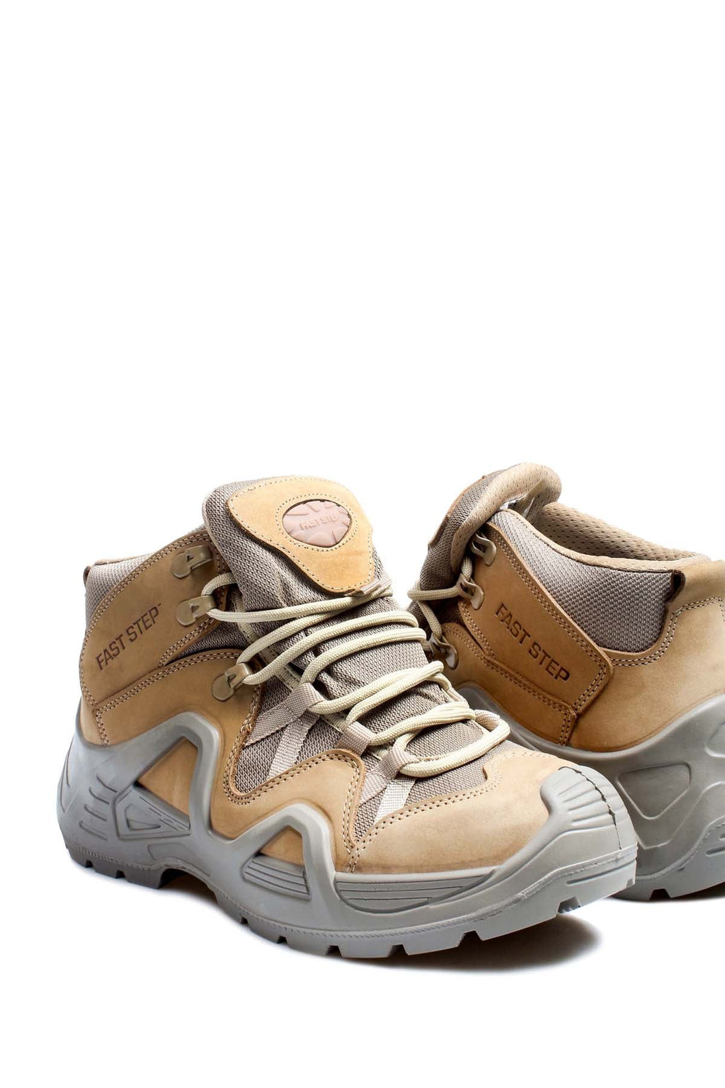Men's Tan and Gray Outdoor Hiking Boots with Rugged Sole – close up view