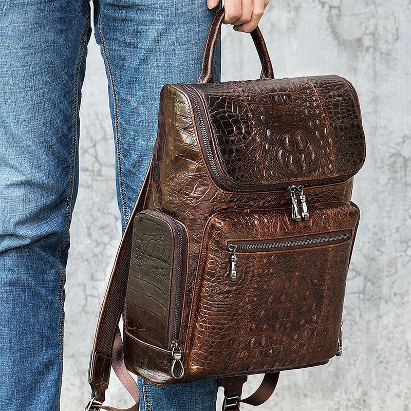 Luggage & Bags - Backpacks Mens Textured Leather Backpacks Stylish Travel Bags Black Brown - Black