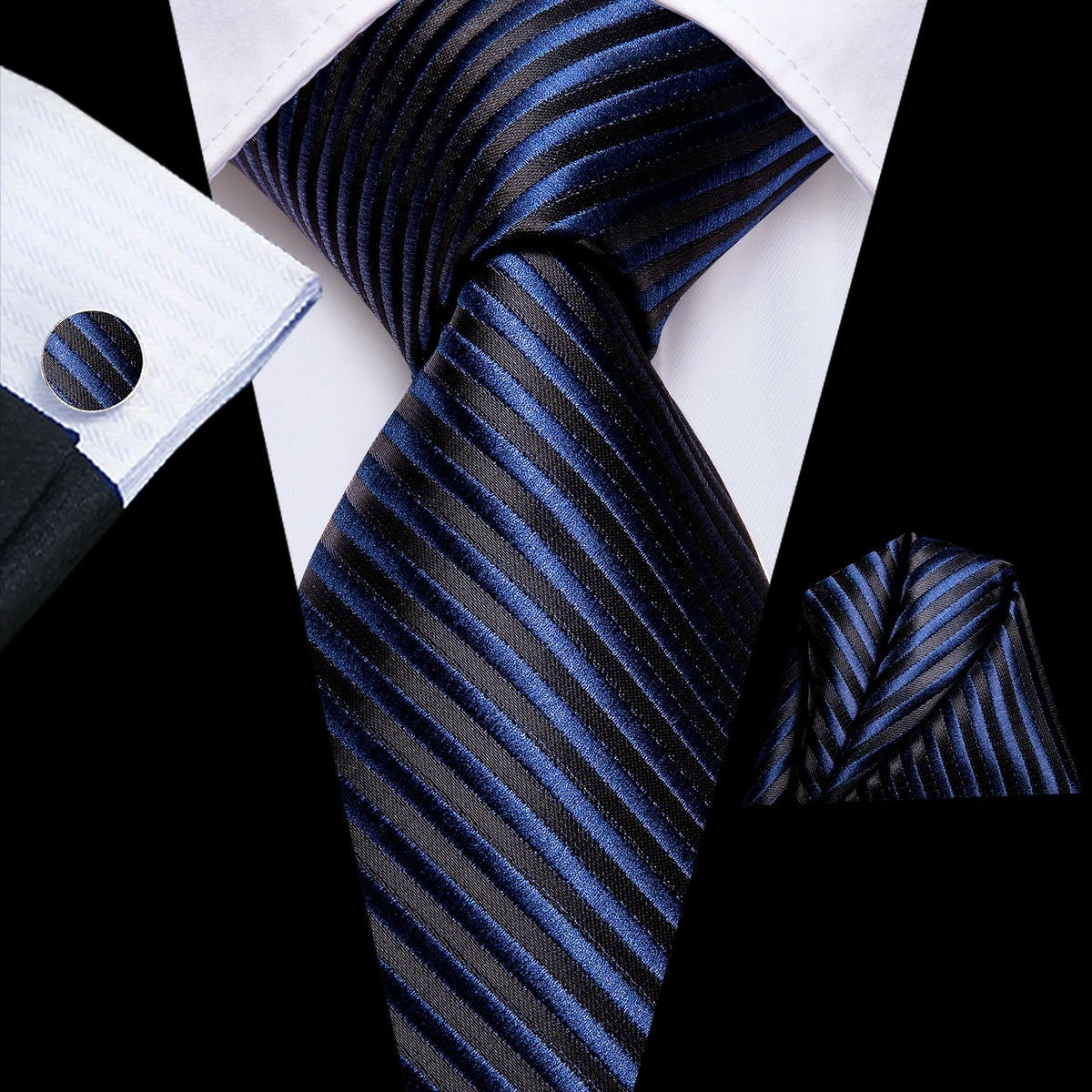Navy blue striped silk tie for men, perfect for formal occasions
