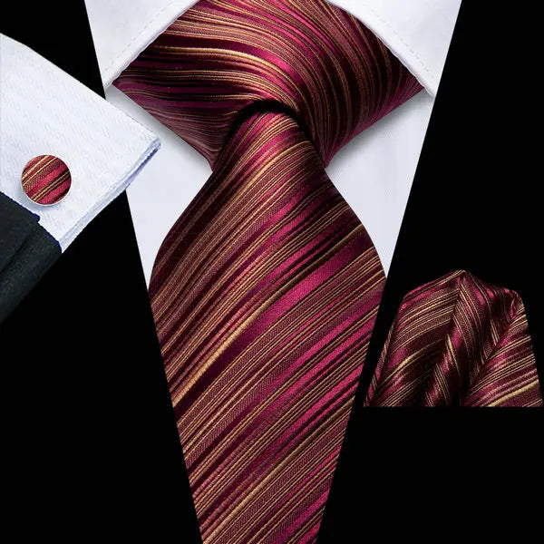 Men's burgundy silk tie with striped pattern, ideal for learning how to tie mens tie