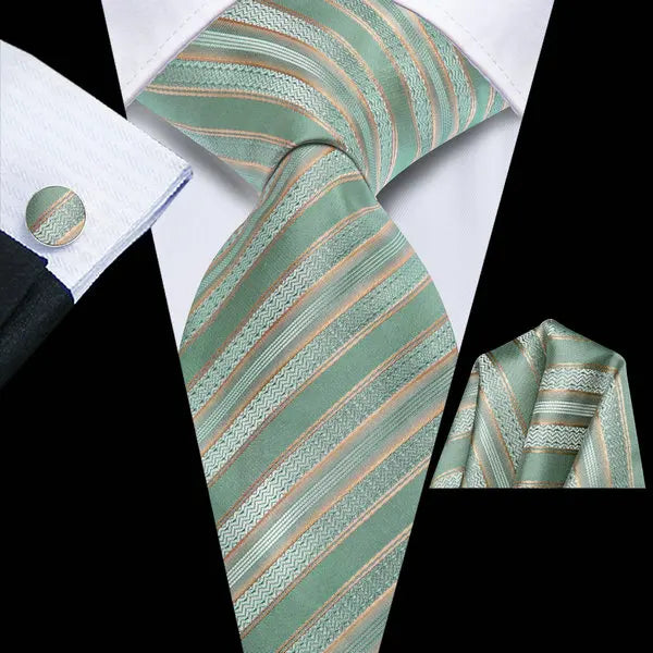 Green striped men's tie with elegant design, perfect for formal occasions