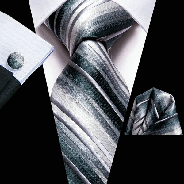 Men's silver striped tie set, perfect for learning how to tie mens tie