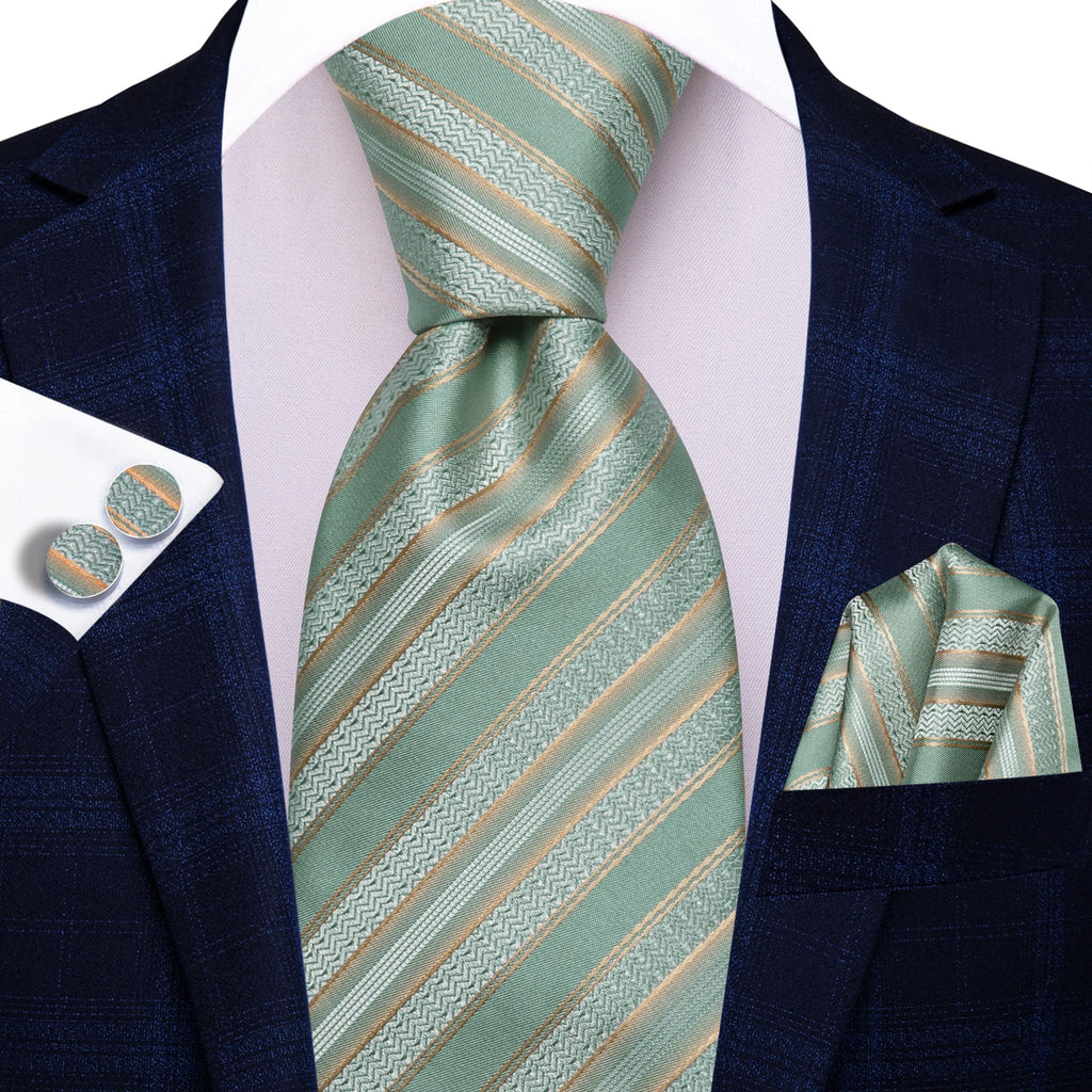 Men's green striped tie with matching pocket square, ideal for formal wear