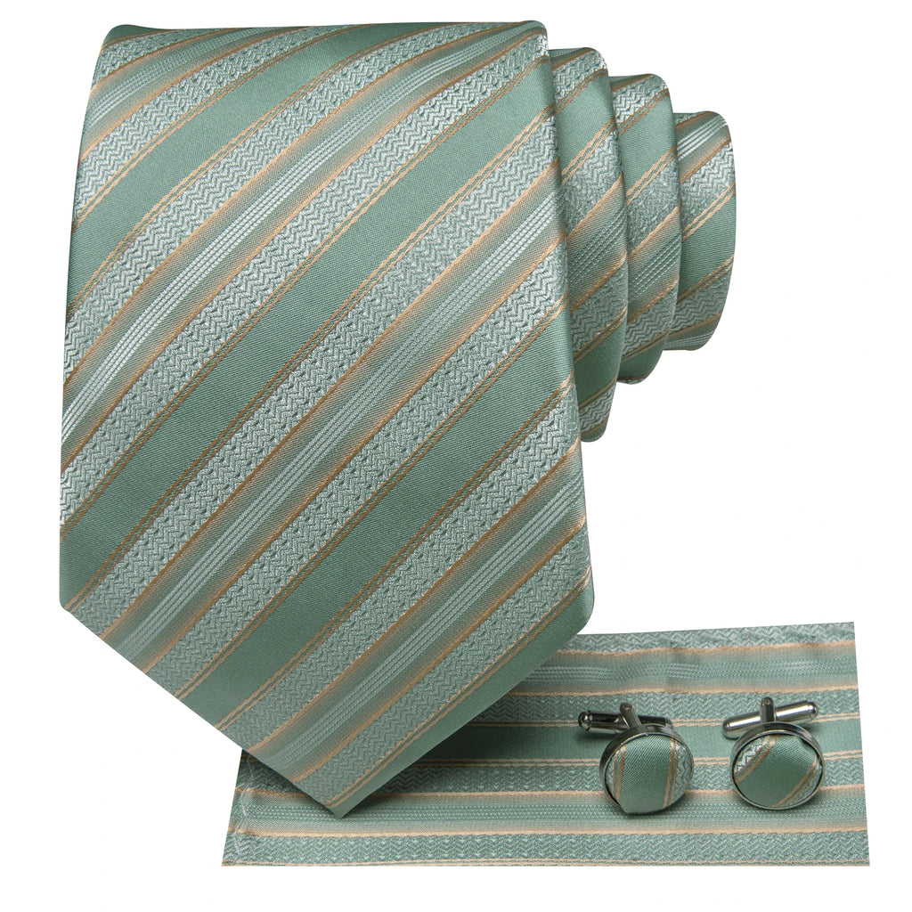Mint green striped men's tie and cufflinks set, perfect for formal events