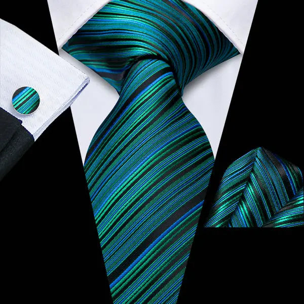 Striped blue and green men's tie, ideal for formal events, how to tie mens tie