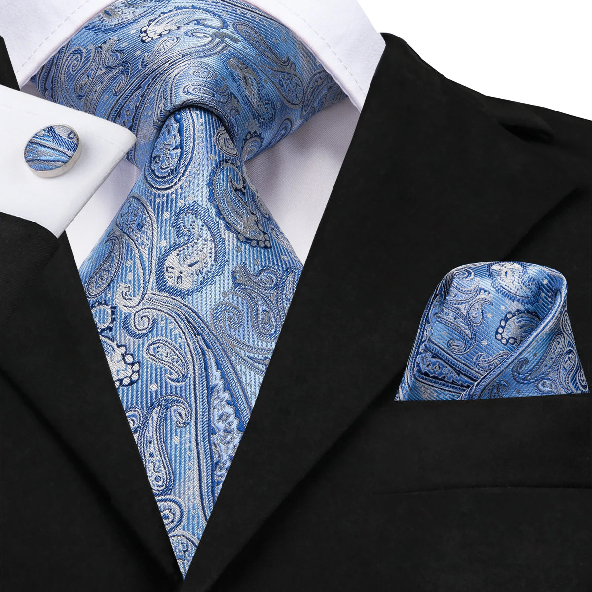 Blue paisley patterned mens ties in silk with matching pocket square