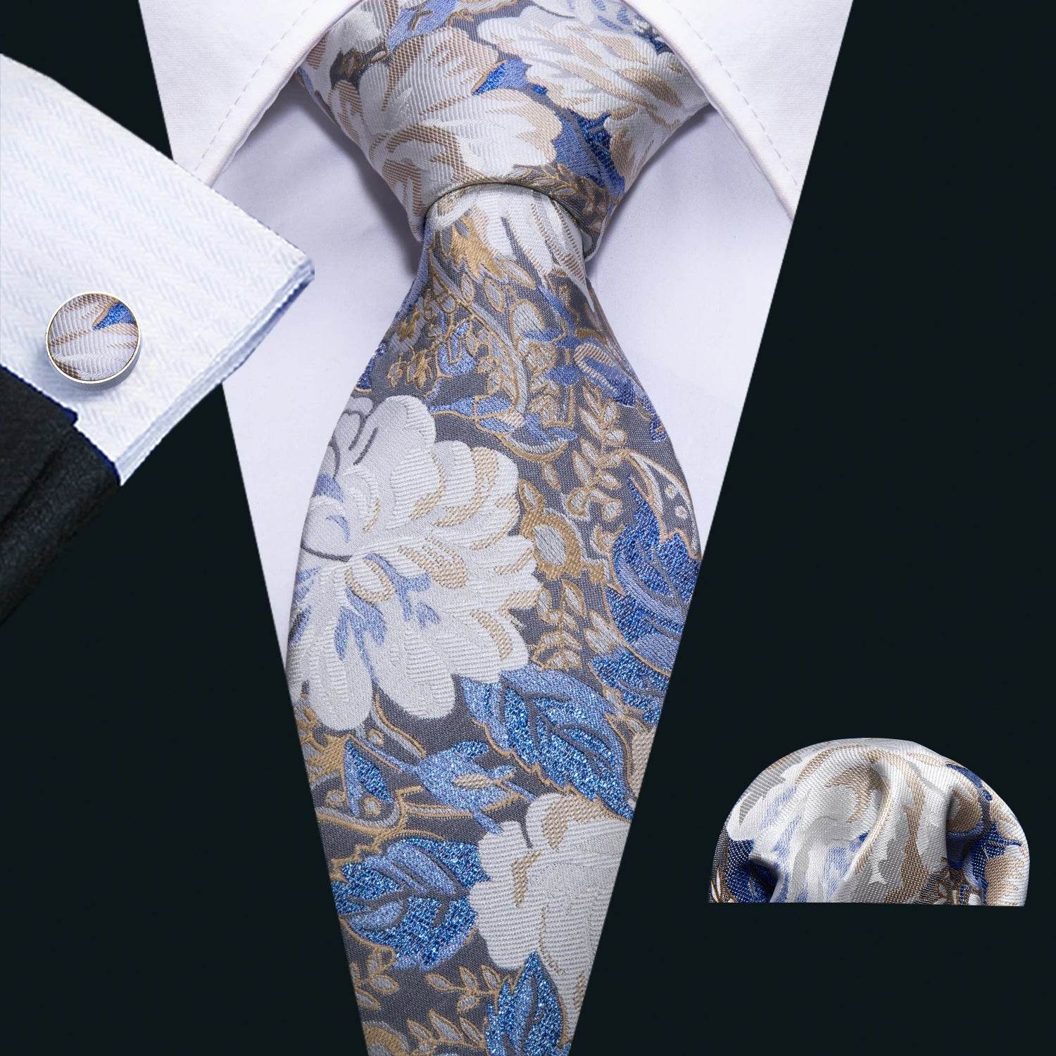 Men's floral patterned ties in blue and silver, perfect for formal occasions
