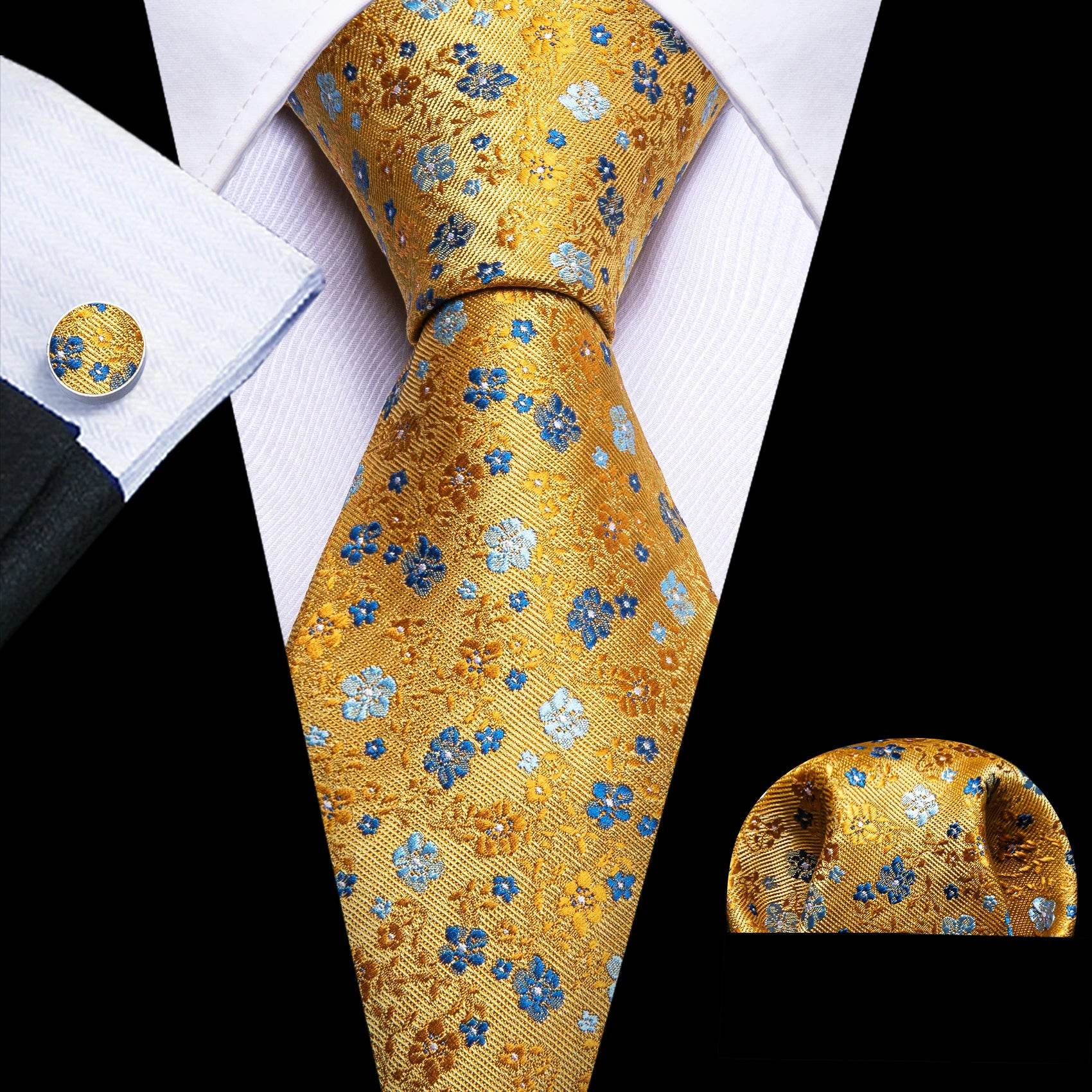 Men's gold floral necktie, silk material, for formal occasions