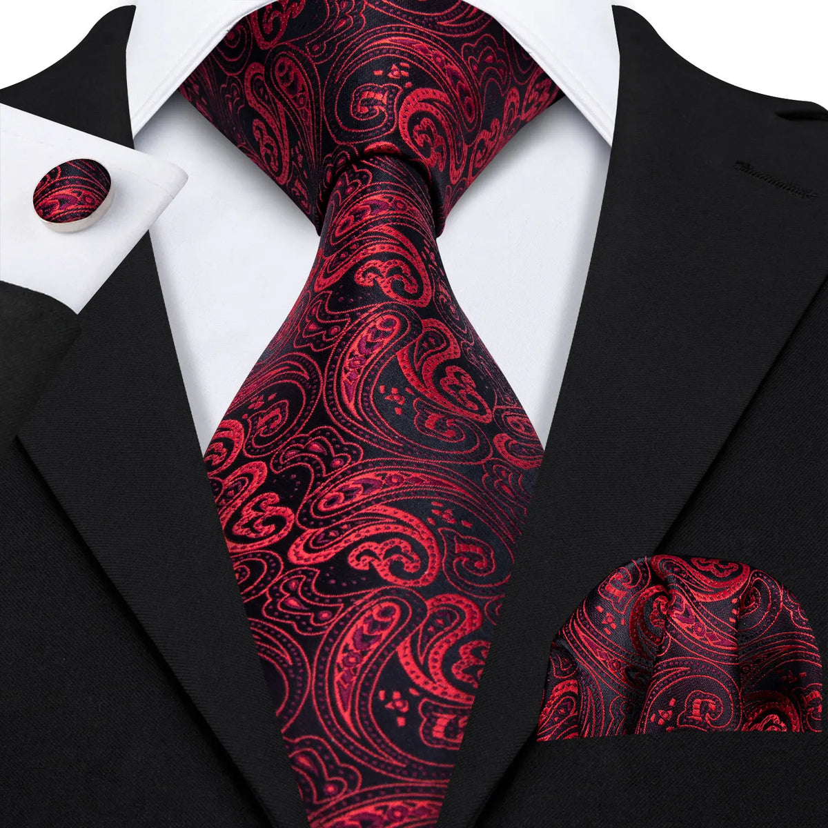 Men's red paisley silk tie set for formal occasions