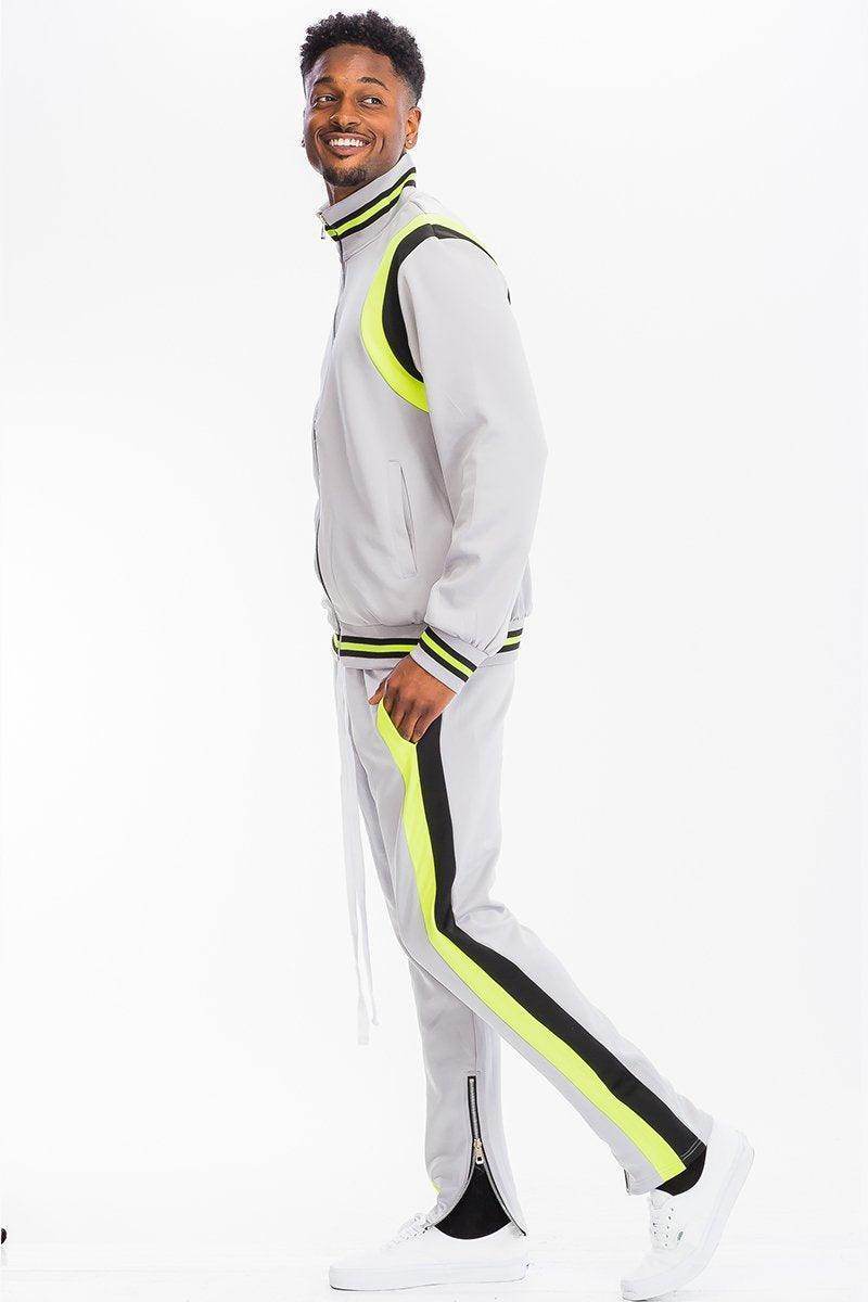 Men's 2PC Track Set by VacationGrabs in Gray with Neon Stripes for Stylish Comfort