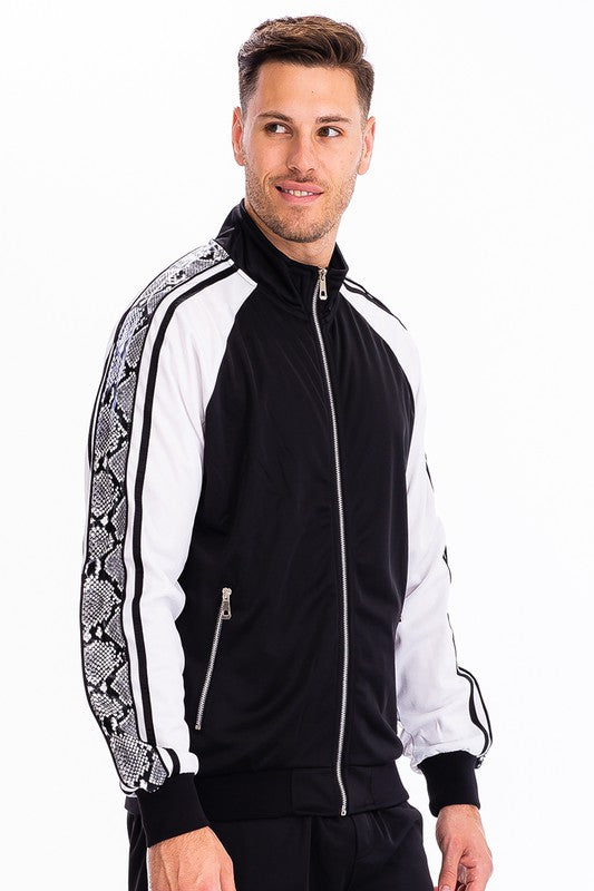 WEIV Men's Track Suit featuring a black jacket with snake print details on sleeves for activewear
