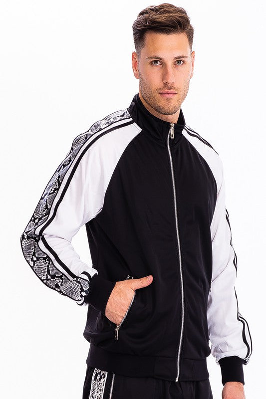 WEIV Men's Track Suit Jacket in Black and White with Stylish Snake Design Sleeves