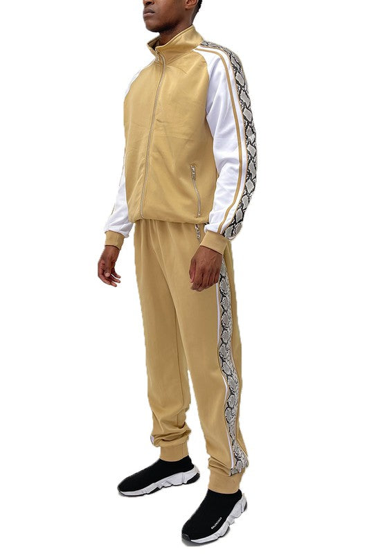 WEIV Men's Track Suit in Tan with Snake Print Details for Comfortable Activewear