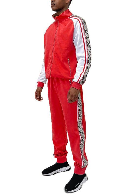 Stylish red WEIV mens track suit with snake print details and comfortable fit for active lifestyle