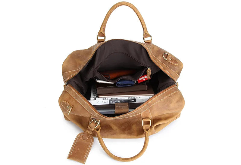 Brown leather travel bag for men's with spacious interior for essentials