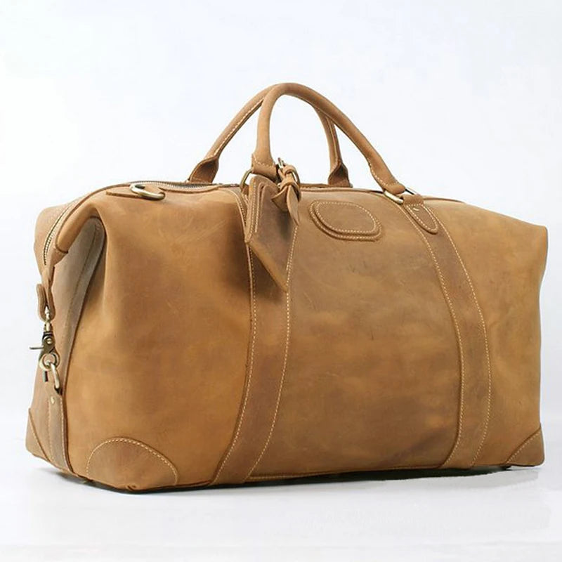 Tan leather travel bag for mens, perfect for weekend getaways