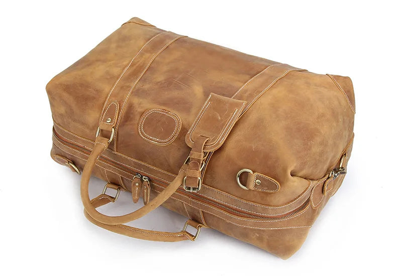 Brown leather travel bag for mens, ideal for weekend trips