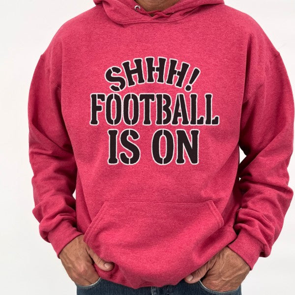 ATTA TOOD men's travel hoodie in red with 'SHHH! FOOTBALL IS ON' graphic print for sports fans