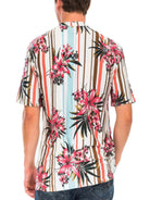 Men's tropical beach t-shirt with vibrant floral and striped design, perfect for summer outings