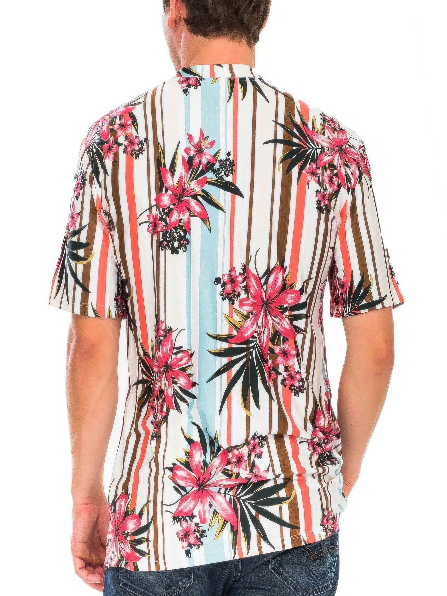 Men's tropical beach t-shirt with vibrant floral and striped design, perfect for summer outings