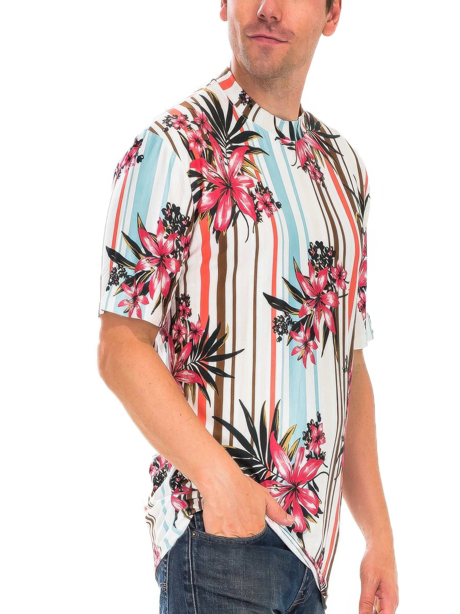 Stylish men's tropical beach t-shirt with floral design and striped pattern, perfect for summer outings