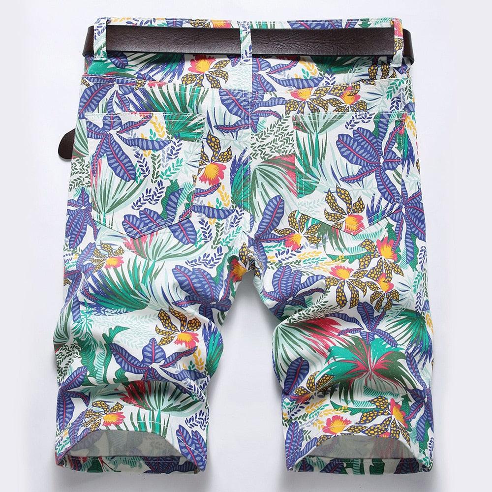 Men's Shorts Mens Tropical Print Stretch Denim Shorts For Summer