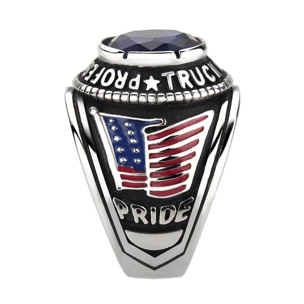 Men's Trucker Ring Montana Blue with American Flag Design and Bold Gemstone Detail