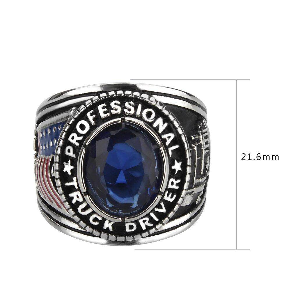 Mens trucker ring Montana blue featuring a blue oval gemstone and engraved design for truck drivers