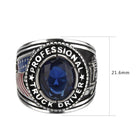 Mens trucker ring Montana blue featuring a blue oval gemstone and engraved design for truck drivers