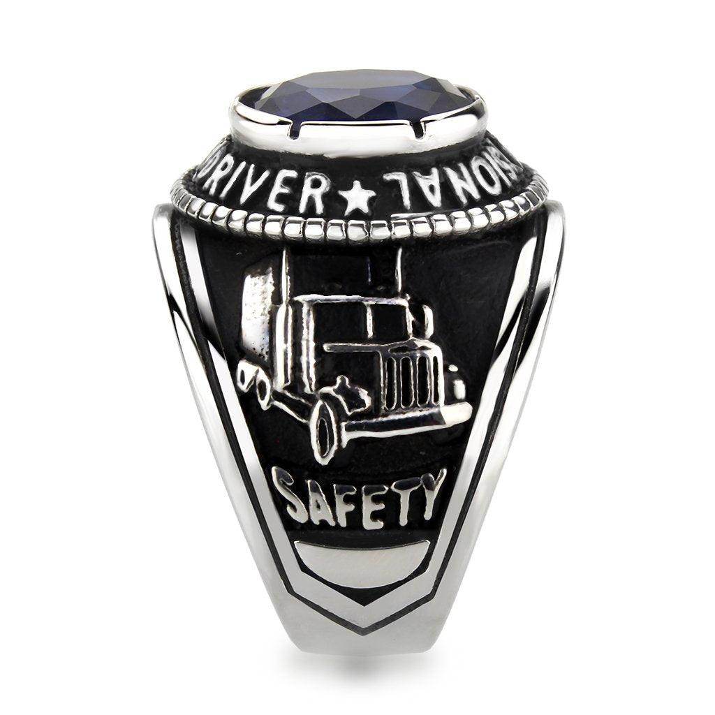 Men's trucker ring Montana blue featuring a truck design and safety emblem, made by VacationGrabs