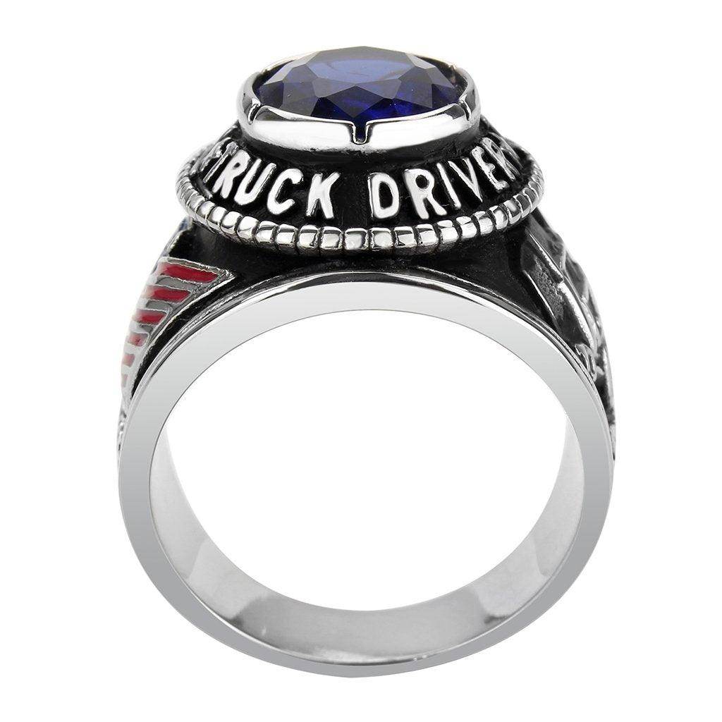 Men's Truck Driver Ring featuring a Montana blue gemstone and detailed design for truck enthusiasts